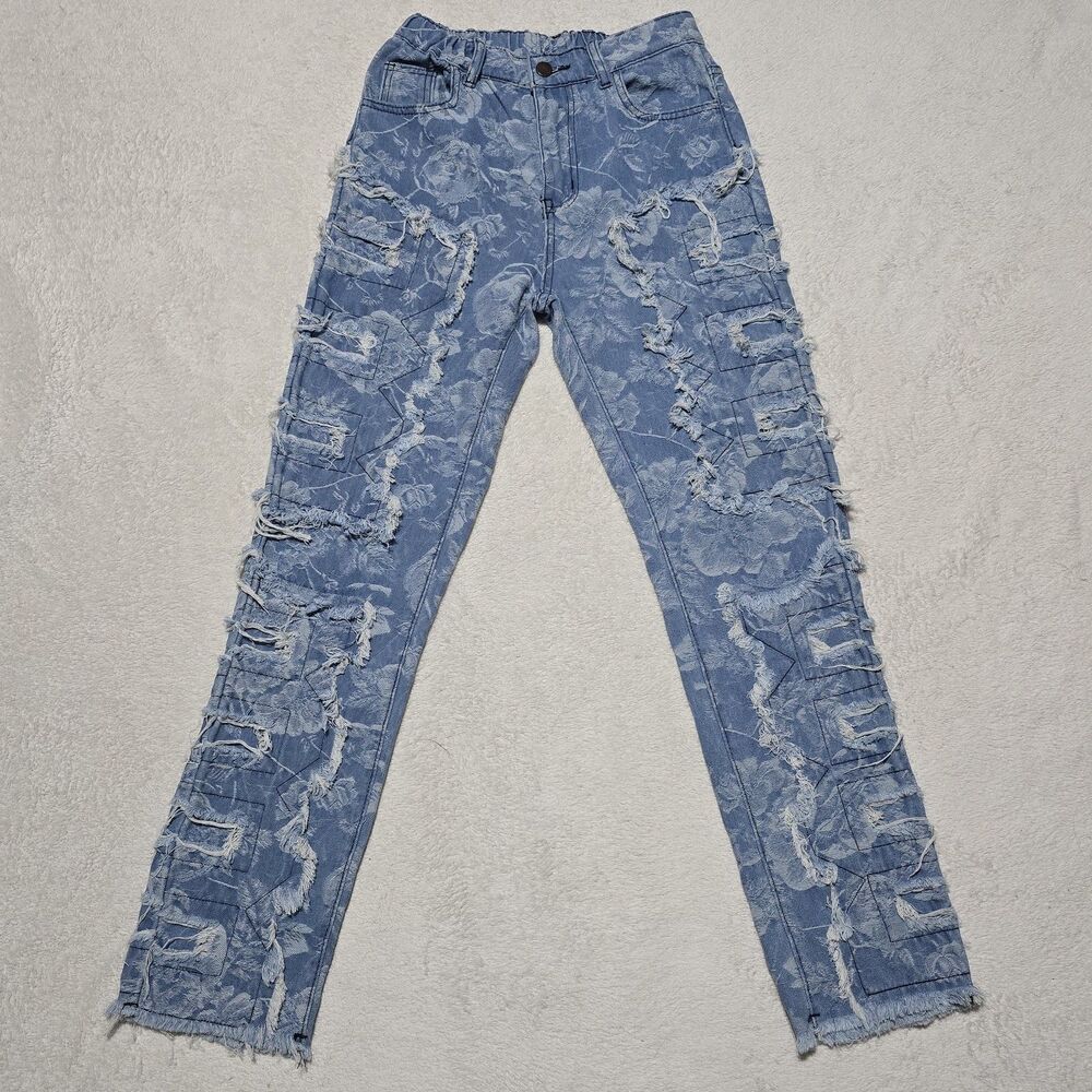 Youth Boy's Size 13Y Slim Light Wash Floral Print Frayed Edge Patch Denim Jeans